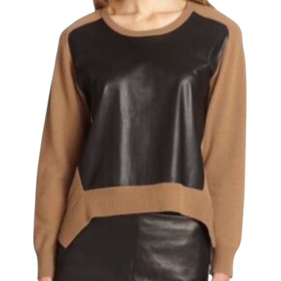Mason Sweaters - MASON Wool Blend Crew Neck Sweater with Leather Panel, size P